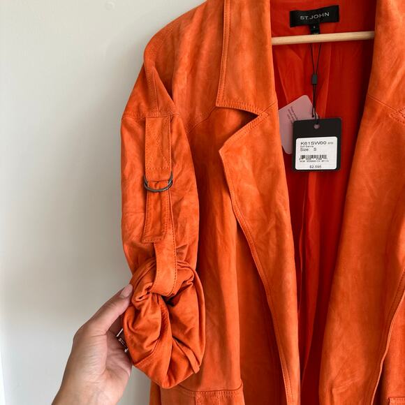 ST. JOHN Silken Suede Slouchy Strap Sleeve Jacket Soft Sienna Orange NWT - Picture 6 of 14